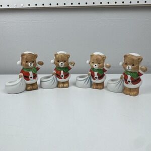 Vtg 80s JSNY Taiwan Santa Bear Candle Holders Set of 4 Christmas 4" Decor